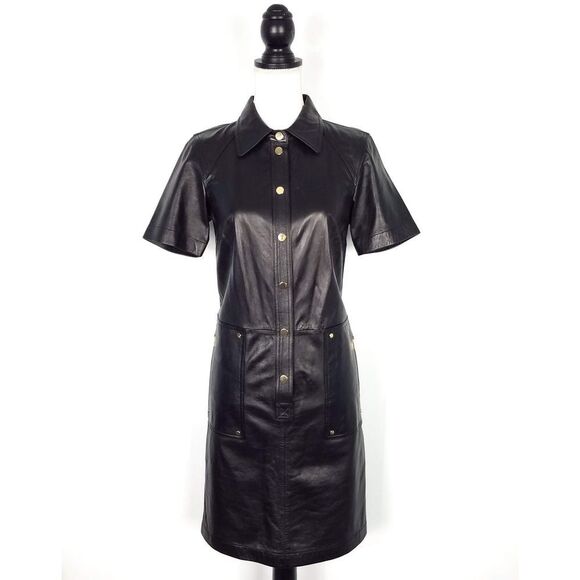 Per Se By Carlisle 100% Genuine Black Soft Leather Shirt Dress Size 4 - Picture 2 of 7